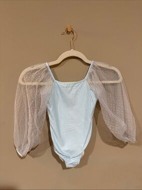 cheeky plum light blue leotard with sheer white puff sleeves